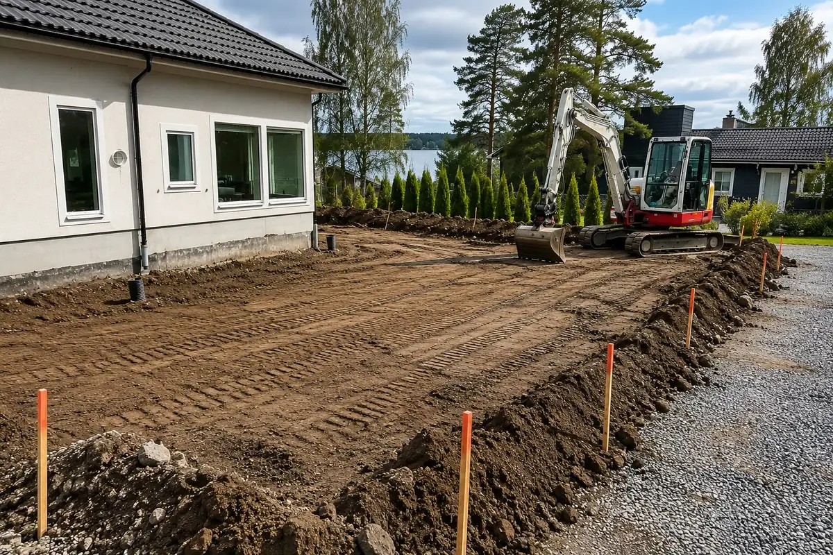 Markberedning runt fastighet inför mark- och dräneringsarbete i Stockholm