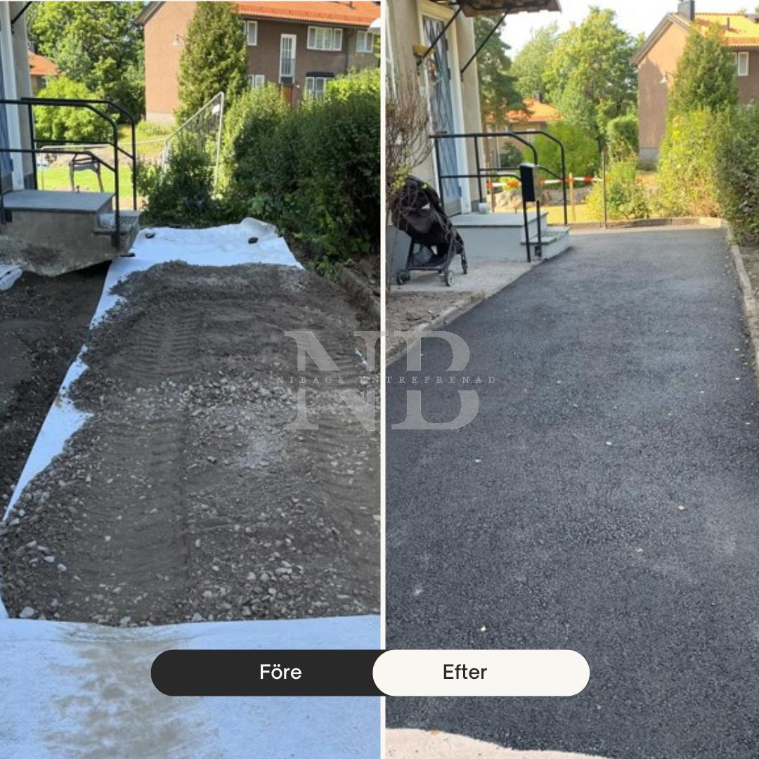 Asfalterad uppfart vid villa i Stockholm — före och efter