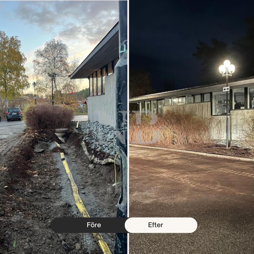Färdigställd dränering vid villafasad i Täby — före och efter