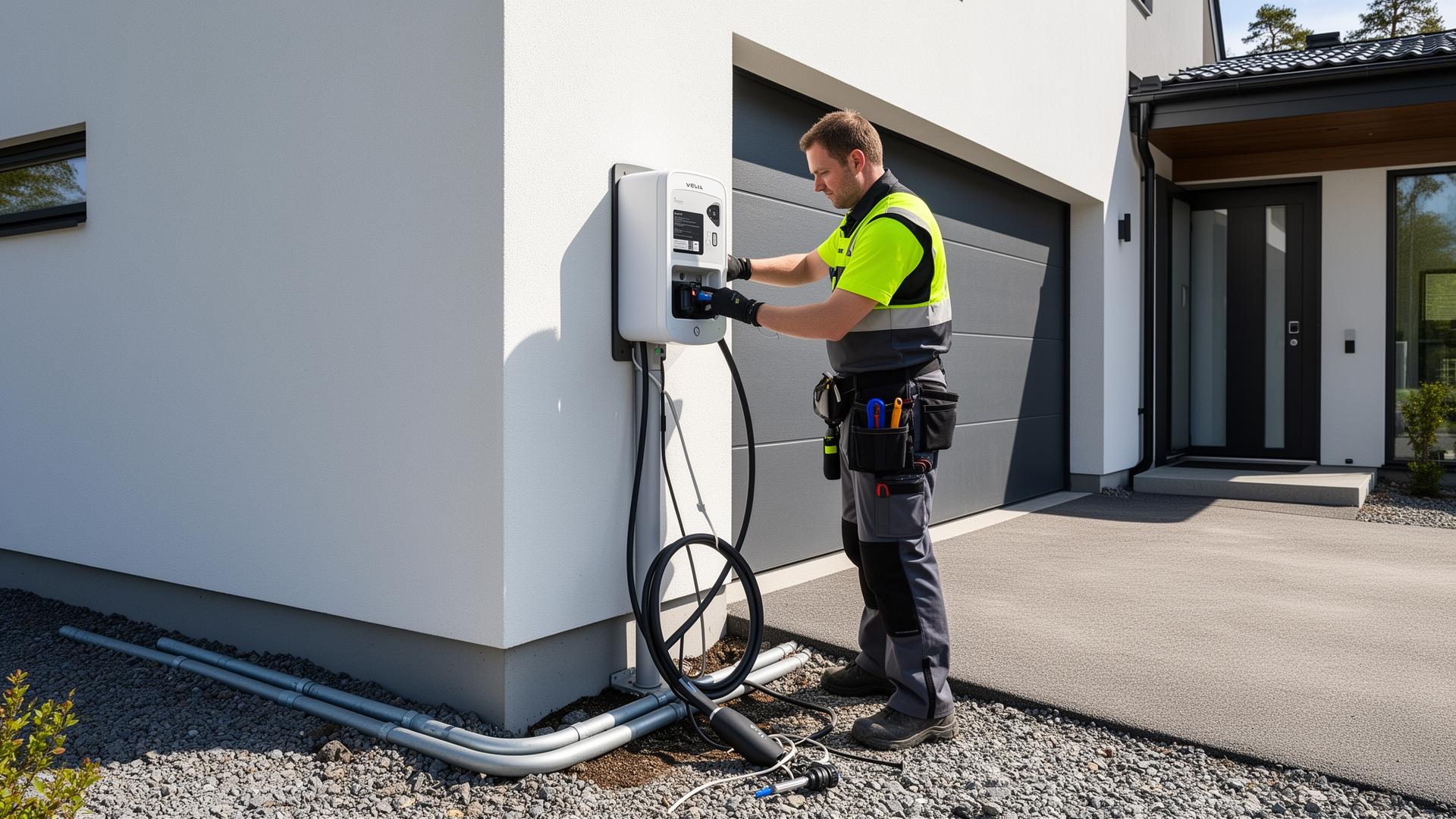 Elektriker installerar laddstolpe vid villauppfart i Stockholm — Niback Entreprenad