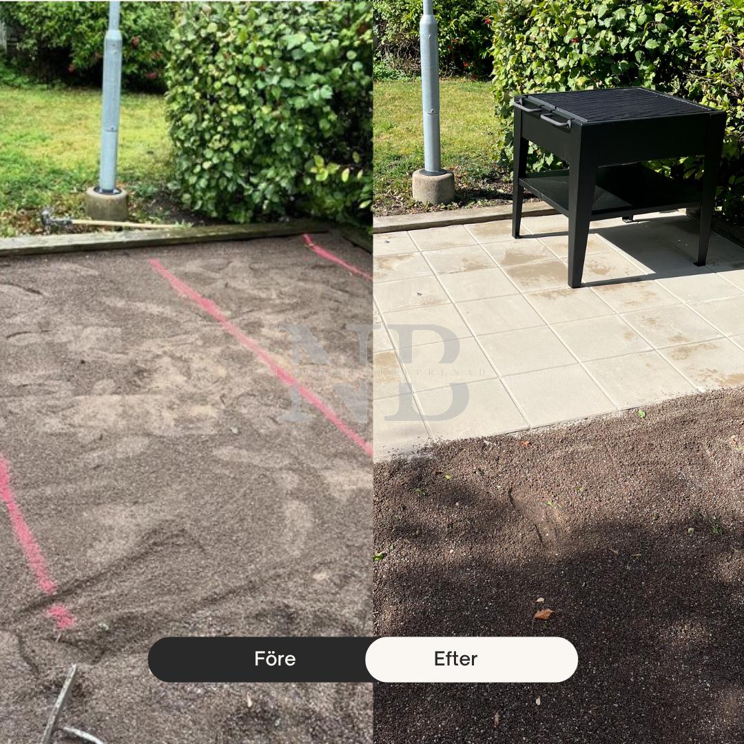 Grillplats med stenläggning i Täby — före och efter