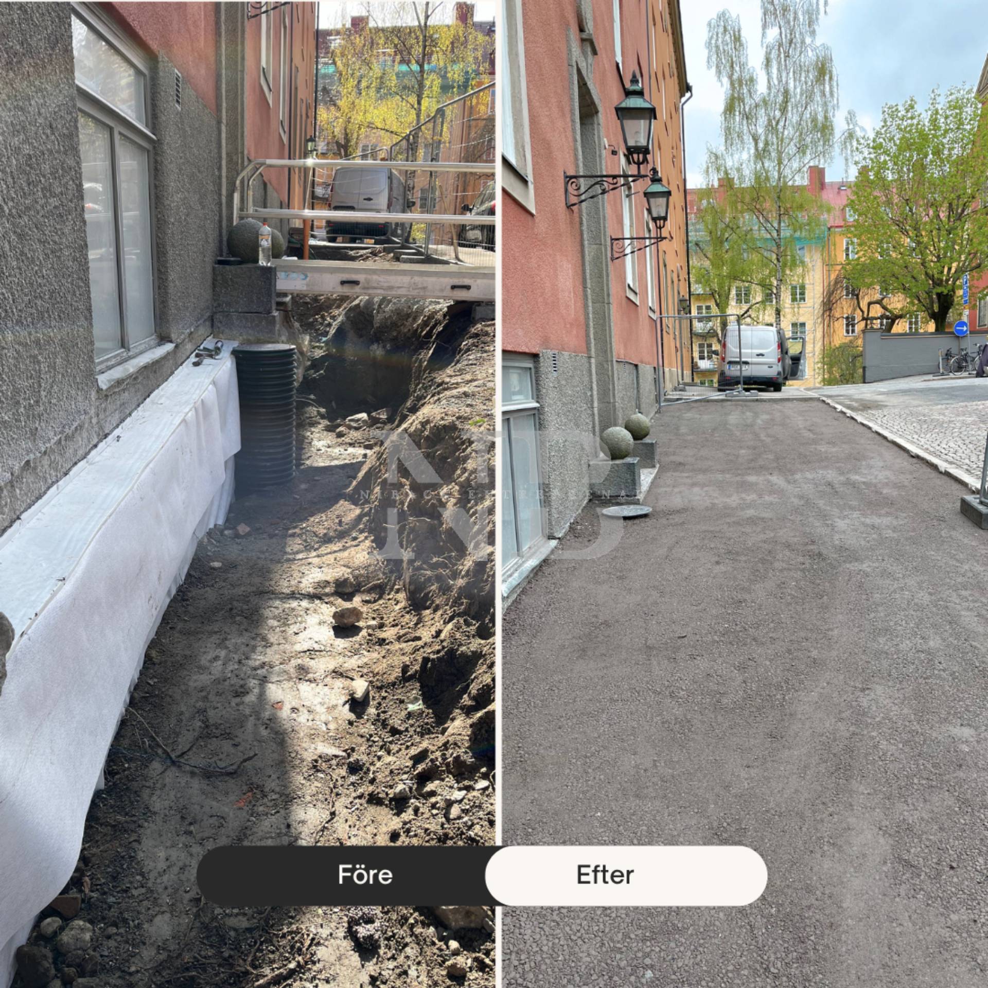Schakt före och efter — markarbete för pool i Stockholm