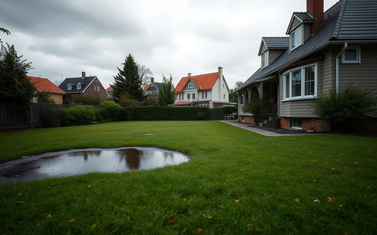 Vatten som samlas på villatomt i Stockholm efter regn — exempel på dräneringsproblem